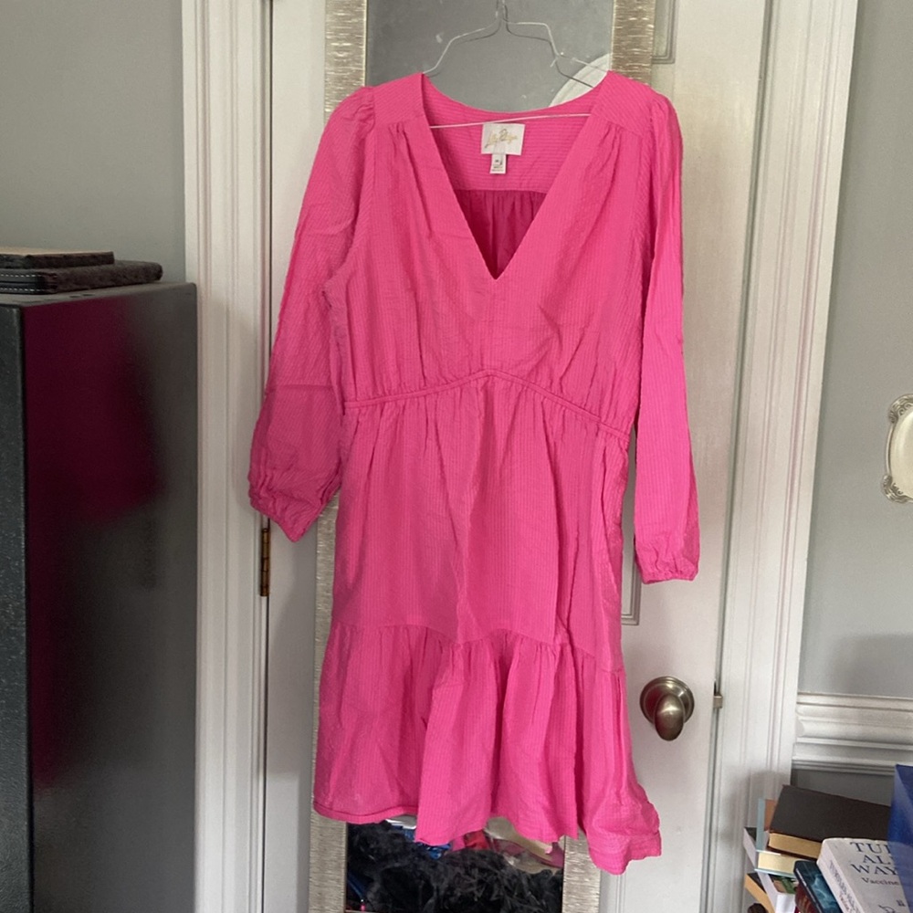 Lilly Pulitzer Bright Pink V-Neck Tiered Tunic Dress size 12-14